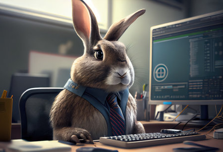 Portrait of an anthropomorphic rabbit as a developer in the office.の素材