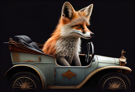 Portrait of a fox traveling in a cabriolet .の素材