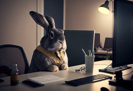 Portrait of an anthropomorphic rabbit as a developer in the office.の素材