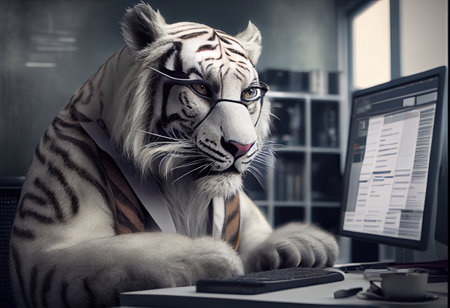 Portrait of an anthropomorphic white tiger as a developer in the officeの素材