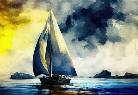 Sailboat against a background of sea digital paintingの素材