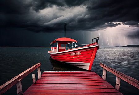 Red wooden boat on the lake near the wooden pier before the storm. Thunderclouds in the sky.の素材