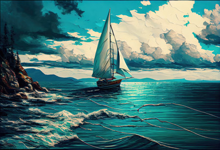 Sailing boat in the sea with dramatic clouds. 3d illustrationの素材