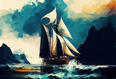 Sailboat against a background of sea digital paintingの素材