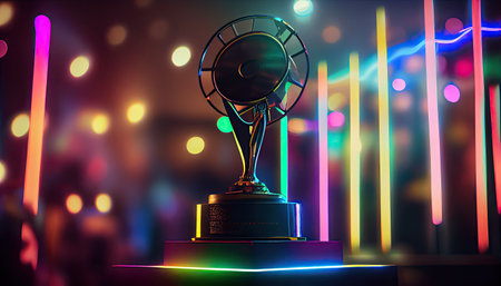Winner trophy on a stage at studio illuminated by neon lights with blurred background.の素材