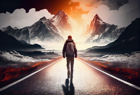 Young man goes on the road to the distance, the path to success.の素材