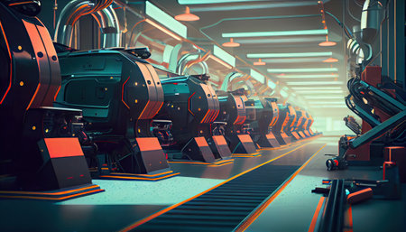 Automated robotics futuristic electric robot factory production line.の素材