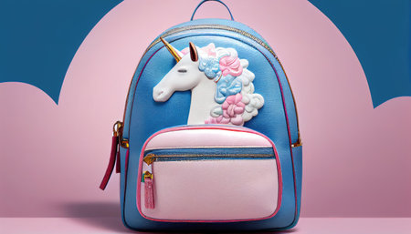 Cool unicorn kids girls leather backpack with decorative clouds and stars.の素材