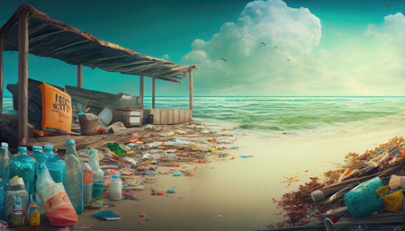 A beach full of garbage and plastic waste.の素材