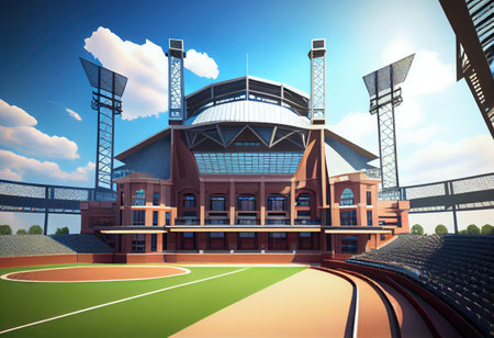 Grand baseball stadium field diamond daylight view, modern public sport building 3D render background.の素材