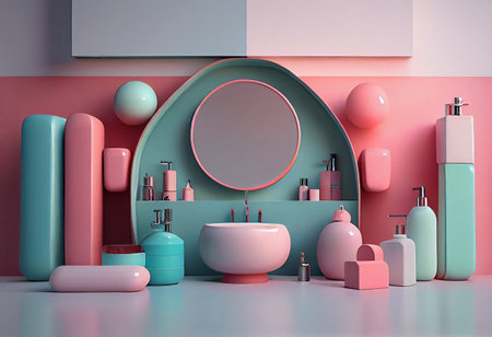 Full of feminine cosmetics arranged around a sink in a modern bathroom.の素材