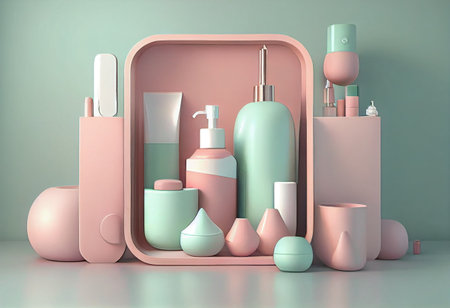 Full of feminine cosmetics arranged around a sink in a modern bathroom.の素材