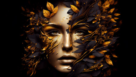 Golden woman face with autumn leaves on black background. 3d renderingの素材