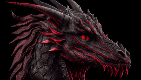 Black and red dragon head close-up on a black backgroundの素材