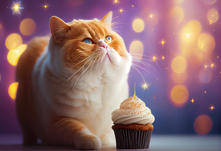 ig ginger cat celebrates birthday with cupcake on festive bokeh backgroundの素材