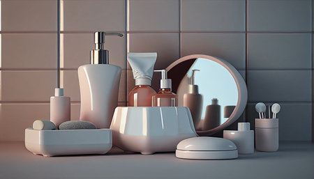 Set of cosmetic products in the bathroom. 3d render illustration.の素材