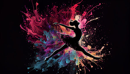 Ballet dancer splash colorful illustration, black background with copy spaceの素材