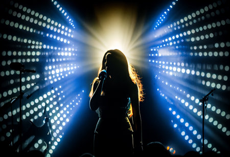 Female jazz singer on stage during a concert illuminated by show lightsの素材