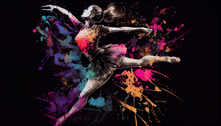 Ballet dancer splash colorful illustration, black background with copy spaceの素材