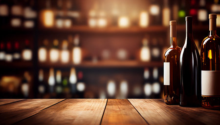Wine wooden table background. Blurred wine shop with bottlesの素材