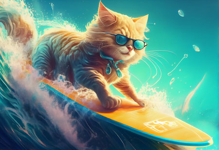 Funny cat in sunglasses rides a surfboard on the ocean waves. summer vacation conceptの素材