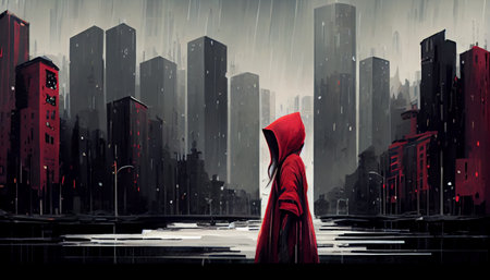 Tale of modern little red riding hood in a city with buildings in rainy weather.の素材