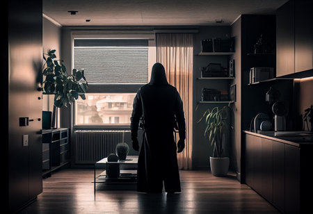 A burglar dressed in all black stands with his back to the camera in a modern apartment.の素材