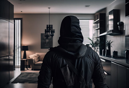 A burglar dressed in all black stands with his back to the camera in a modern apartment.の素材