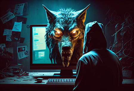 character with a wolf head behind a computer screen to symbolize a predator or scammerの素材