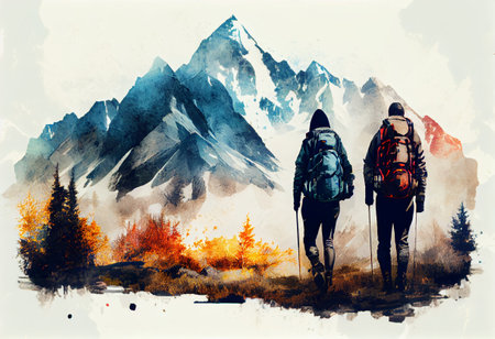 Couple of hikers with backpack with mountain landscape, realisricの素材
