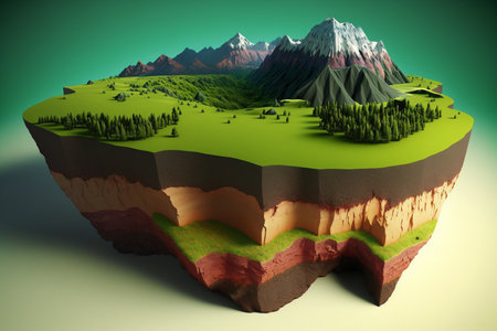 3D land with mountain isolated , Piece of earth land green field.の素材