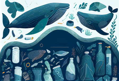 ocean pollution vector illustration. Rubbish in a whale Ecological poster. Hand drawn plastic garbage: Bottle, Package, Contamination, disposable dish, straw. Keep the sea, plastic free conceptの素材