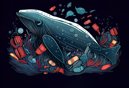 ocean pollution vector illustration. Rubbish in a whale Ecological poster. Hand drawn plastic garbage: Bottle, Package, Contamination, disposable dish, straw. Keep the sea, plastic free conceptの素材