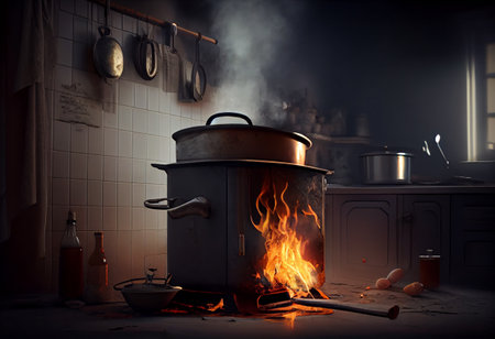 Stove ignited in the modern kitchen during cooking, smoke and soot around, fire at home.の素材