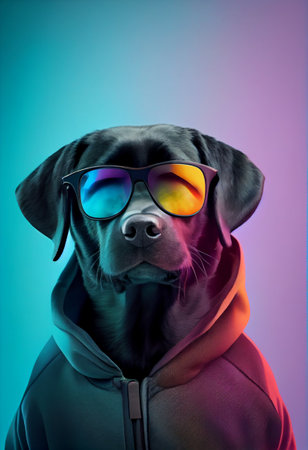 creative animal composition. Black labrador in torn hoodie, wearing shades sunglass eyeglass isolated. pastel gradient background. With text copy spaceの素材