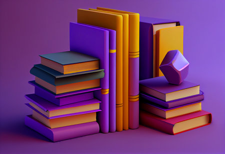 Stack of colorful books on a purple background. 3d illustration.の素材