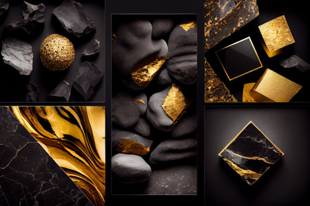 black and gold marble Rough surface black marble natural stone with golden cracks in between.の素材