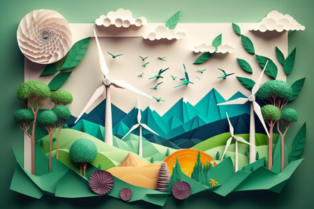 Paper art , renewable energy with green energy as wind turbines , Renewable energy by Carbon neutral energy , Energy consumption and CO2, Reduce CO2 emission conceptの素材