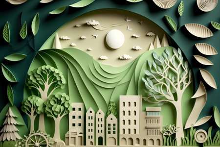 Paper art style , Paper cut of eco city design Green energy concept and environment conservation ,の素材