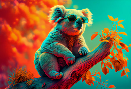 a large koala wearing sunglasses sitting on top of a tree, neofauvism, colorfulの素材