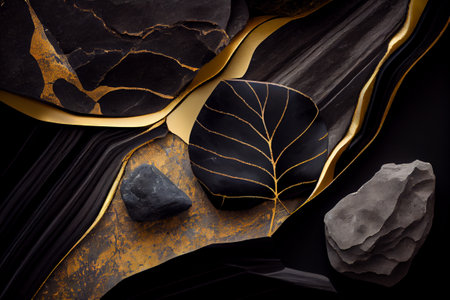 black and gold marble Rough surface black marble natural stone with golden cracks in between.の素材