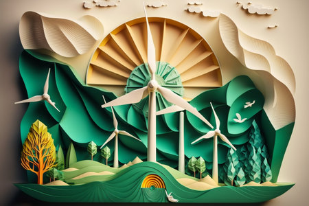 Paper art , renewable energy with green energy as wind turbines , Renewable energy by Carbon neutral energy , Energy consumption and CO2, Reduce CO2 emission conceptの素材
