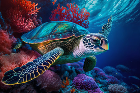 Sea turtle swimming in the under sea , Beautiful Underwater and colorfull coral in wild nature of the Pacific Ocean.の素材