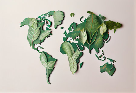 environmentally friendly planet. Symbolic tree made from green leaves and branches with sketches map of the world. Minimal nature concept. Think Green. ecology concept. top view. flat layの素材