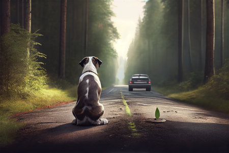 dog on the road in the forest and a car on the roadの素材