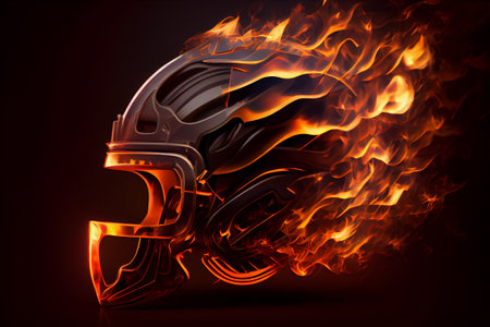 Football helmet on fire on black background.の素材
