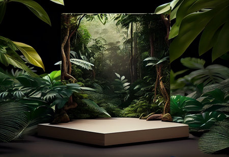 Photo tropical podium or platform for product presentation display in jungle landscape.の素材