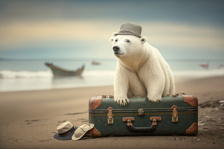 Portrait of a polar bear on the beach in a hat on top of a travel suitcase.の素材