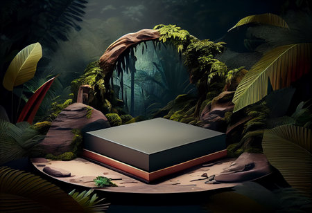 Photo tropical podium or platform for product presentation display in jungle landscape.の素材
