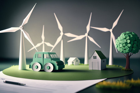Paper art , renewable energy with green energy as wind turbines , Renewable energy by Carbon neutral energy , Energy consumption and CO2, Reduce CO2 emission conceptの素材